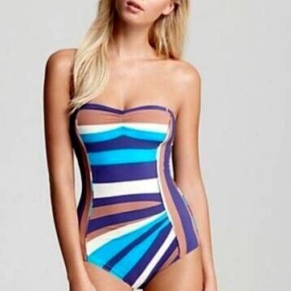 MARC JACOBS 1PC VINTAGE STRIPE Bandeau Maillot PLEATED SWIMSUIT SZ XS NWT - Picture 1 of 11